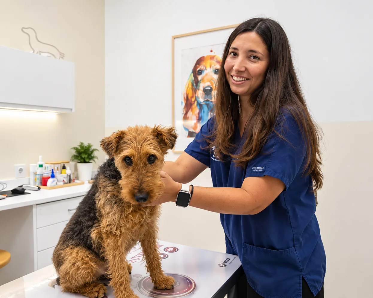 Estefanía Corvalán, veterinaria y etóloga, atendiendo a un perro en consulta