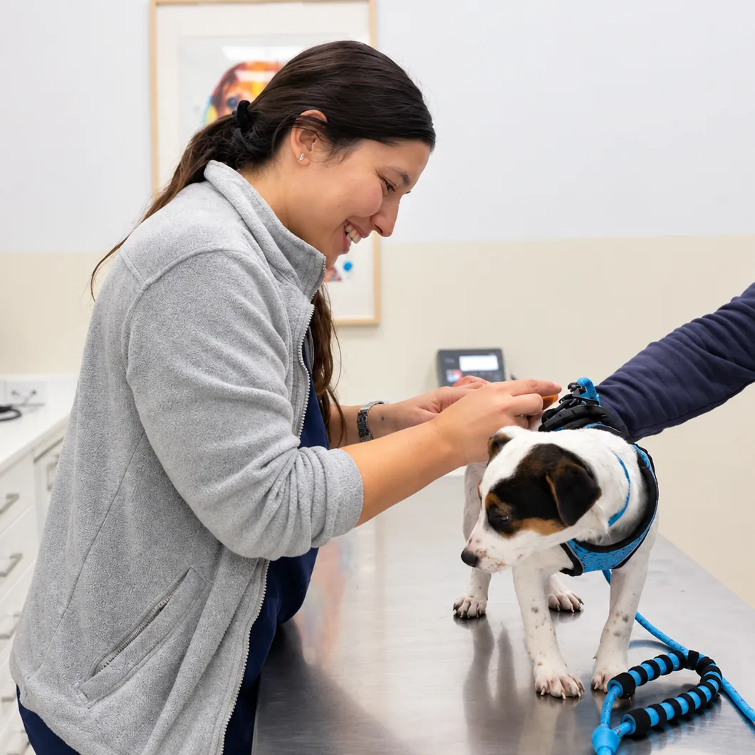 Estefanía Corvalán, veterinaria y etóloga, atendiendo a un cachorro en consulta