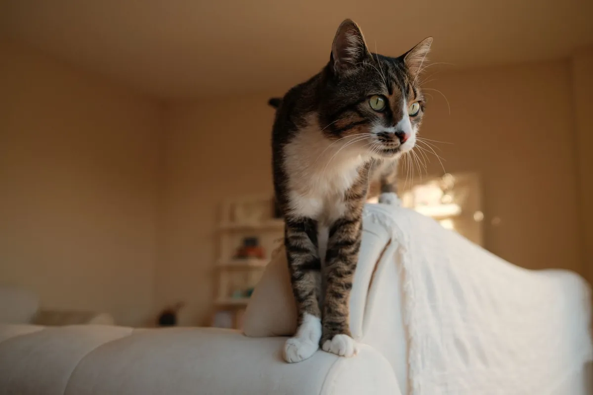 Gato atigrado de pie sobre el sofá de una casa, con luz cálida de tarde